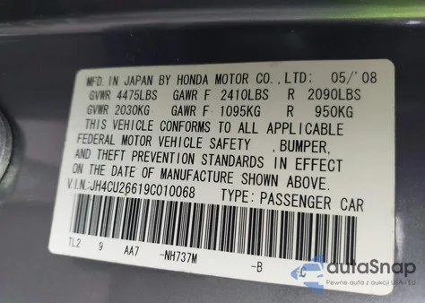 2009 Acura Tsx z USA, uszkodzony, nr VIN JH4CU26619C010068